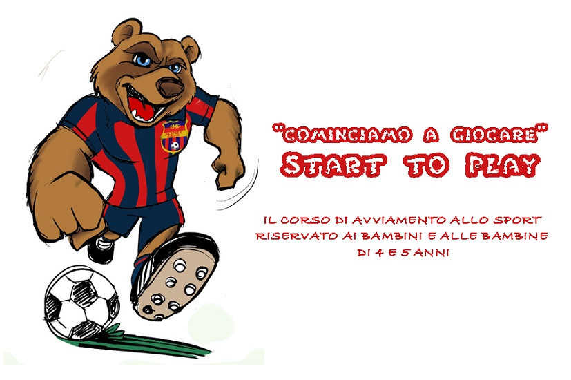 cominciamo a giocare, rappresentato da un orso che gioca a calcio, è il corso di avviamento al calcio per bambini di 4 e 5 anni